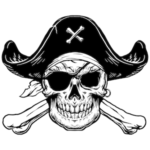 Könnte beinhalten: Eine Schwarzweißillustration eines Piraten-Schädels, der einen Dreispitz mit einem Totenkopf- und Knochen-Emblem trägt. Der Schädel hat ein Bandana über einem Auge und ist mit zwei Knochen gekreuzt.