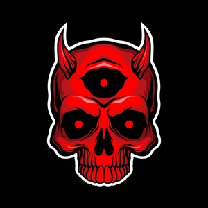 Ilustración dibujada a mano SVG de calavera de diablo rojo aterrador con tres ojos, imágenes prediseñadas de cabeza de esqueleto de Halloween espeluznante, archivos de corte vectoriales para Cricut
