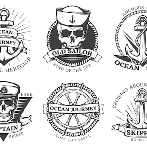 Könnte beinhalten: Sechs Vintage-Logos zum Thema Seefahrt mit Schwarzweiß-Illustrationen. Die Logos zeigen Anker, ein Schiffsrad und einen Schädel, der einen Kapitänshut trägt. Der Text auf den Logos lautet "Ocean Journey", "Old Sailor", "Nautical Heritage", "Ocean Spirit", "Captain", "Skipper", "King of the Sea", "Time to Travel", "Born Free", "Cruising Around the World" und "Anchors Aweigh".