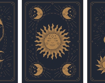 May include: Three gold tarot cards with a dark blue background. The first card features a wine glass filled with stars. The second card features a sun with a face. The third card features two hands reaching up towards a sun.