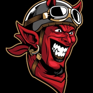 Imágenes prediseñadas de diablo rojo sonriente dibujado a mano con casco, cuerno, gafas de sol negras y aretes, archivos de corte de silueta vectorial para uso comercial de Cricut