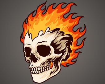 Tête de mort dessinés à la main en feu illustration numérique SVG Tête de squelette en flammes Fichier vectoriel Clipart Silhouette coupe pour téléchargement numérique Cricut PNG