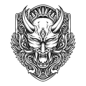 Handgetekende duivel illustratie SVG Japanse satan clipart oni masker samurai kwaad gezicht vector silhouet snijden bestanden voor Cricut digitale download