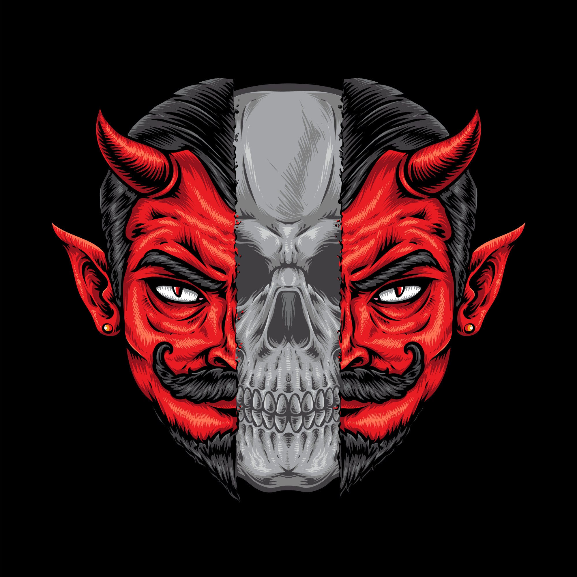 Red Devil Skull Illustration: Halloween Spooky Skeleton Vector
