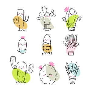 Hand Drawn Cute Cactus Sticker SVG Bundle Funny Cartoon Doodle Set Flat Elements Pack Vector Silhouette Cut file for Cricut Digital Download