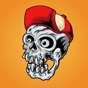 Hand Drawn Cartoon Skull in Cap SVG illustration Skeleton Head in Hat Clipart Dead Hipster Boy Vector Silhouette Digital Download PNG JPG