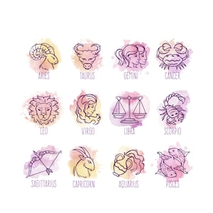 Hand Drawn Watercolor Zodiac Signs SVG Bundle Horoscope Clipart Set Astrology Elements Pack Vector Cut files for Cricut Digital Download PNG