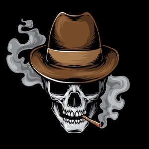 Hand Drawn Mafia Boss Skull in Hat with Cigar SVG illustration Thug Skeleton Head Clipart Vector Cut files for Cricut Digital Download PNG