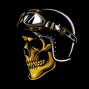 Teschio di motociclista dorato disegnato a mano SVG Illustrazione digitale Testa di scheletro di motociclista d'epoca Clipart Silhouette vettoriale File di taglio per Cricut PNG JPG eps
