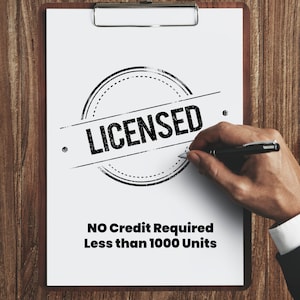 May include: A clipboard with the word "LICENSED" stamped on it in black ink. The text "NO Credit Required Less than 1000 Units" is below the stamp. A hand is holding a pen and writing on the paper.