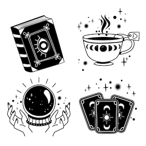 Paquete SVG de Tarot dibujado a mano, elementos esotéricos planos, libro, cartas de café, baraja, bola mística, archivos de corte para Cricut, descarga digital de imágenes prediseñadas, vector