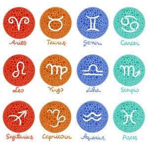 Paquete de símbolos de los signos del zodíaco SVG, conjunto de elementos de círculos texturizados de colores, paquete de signos del horóscopo, archivo de corte vectorial para Cricut, descarga digital PNG JPG