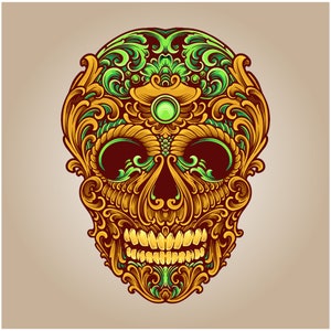 Hand Drawn Ornament SKULL SVG illustration Green Skeleton Head Clipart Vector Silhouette Cut file for Cricut Commercial Use Digital Download