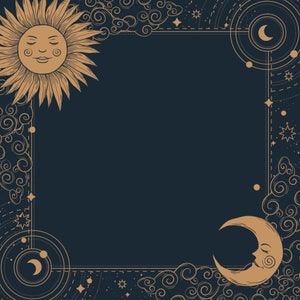 Könnte beinhalten: Ein dunkelblauer Hintergrund mit einem goldenen Sonnen- und Monddesign. Sonne und Mond haben Gesichter und sind von Wolken und Sternen umgeben.
