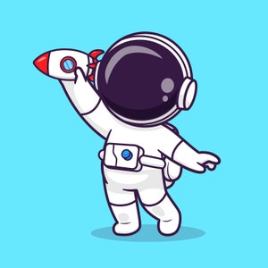Hand gezeichnet Cartoon Astronaut spielen mit Rakete SVG Spaceman in Helm Clipart Vektor Silhouette Cut Dateien für Cricut Digital Art Download