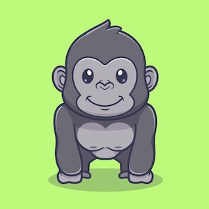 Könnte beinhalten: Cartoon-Illustration eines lächelnden Gorillas. Der Gorilla ist in Grautönen gehalten, mit einer hellgrauen Brust und einem lächelnden Gesicht. Der Hintergrund ist einfarbig hellgrün.