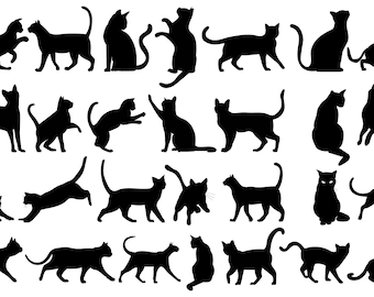 Black Cat Silhouettes SVG Bundle: Hand Drawn Kitten Clipart (Digital Download)