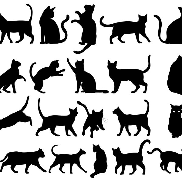 Hand Drawn Black Cat Silhouettes Mega SVG Bundle Flat Digital illustrations Set Kitten Cliparts Pack Vector Cut files for Cricut PNG JPG eps