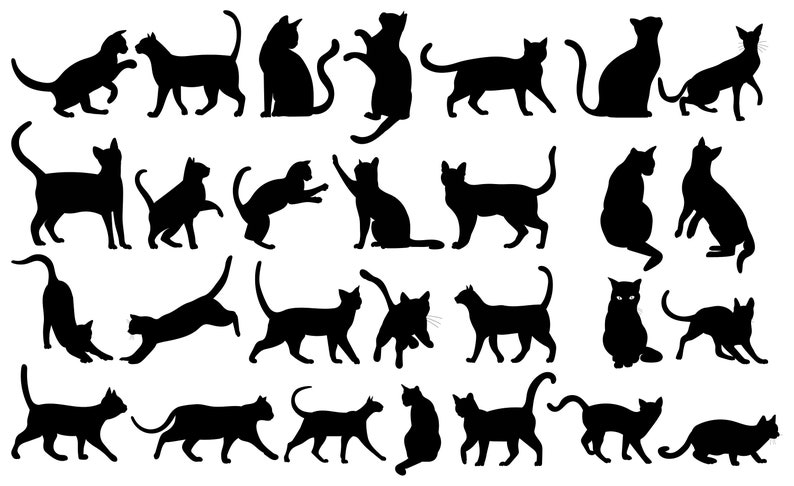 Hand Drawn Black Cat Silhouettes Mega SVG Bundle Flat Digital illustrations Set Kitten Cliparts Pack Vector Cut files for Cricut PNG JPG eps image 1