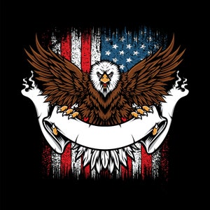 Águila en vuelo dibujada a mano SVG con pancarta sobre fondo de bandera estadounidense Dibujos animados de aves Clipart Silueta Vector Archivos de corte para Cricut PNG JPG eps