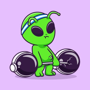 Hand Drawn Green Alien Working Out With Helmet Barbell SVG Illustration