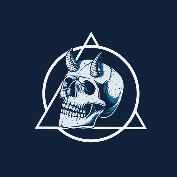 Cráneo del diablo con cuernos en círculo Triángulo SVG Ilustración dibujada a mano Esqueleto Cabeza de Satán Clipart Vector Silueta Archivos de corte para Cricut PNG