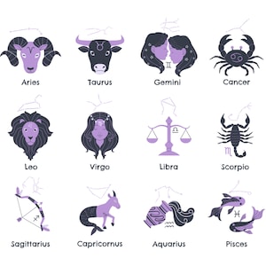 Zodiac Signs SVG Bundle Cute Minimalist Scorpio Cancer Aquarius Pisces Aries Taurus Gemini Libra Virgo Aquarius Clipart Cut files for Cricut
