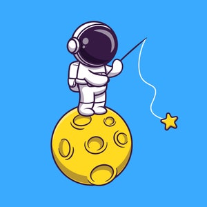 Ilustración SVG de astronauta dibujado a mano pescando estrellas en la luna. Astronauta de dibujos animados con casco. Archivos de corte vectorial para descarga digital de Cricut