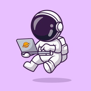 Astronauta de dibujos animados lindo dibujado a mano SVG Ilustración digital Astronauta con computadora portátil Clipart Universo Cosmos Tecnología Archivos de corte para Cricut PNG