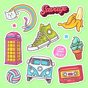 Pack d'autocollants Doodle SVG Bundle dessinés à la main Kombi ball stand banane arc-en-ciel chat sauvage baskets Couper des fichiers pour des fichiers vectoriels Cricut Silhouette