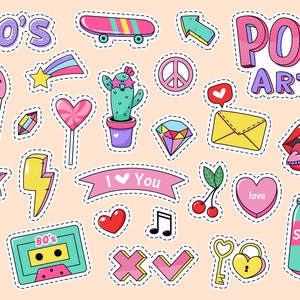 Hand Drawn Pop Art Stickers Mega SVG Bundle Fashion Patch Cartoon Girls Cute Badges Clipart Set Doodles Vector Cut files for Cricut PNG JPG