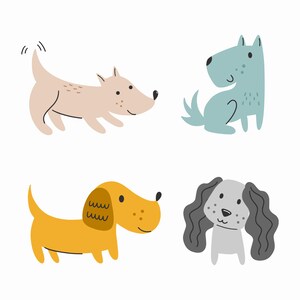 Ilustración de paquete SVG de perros lindos dibujados a mano, conjunto de cliparts de cachorros kawaii, silueta vectorial de mascota encantadora, archivos de corte para descarga digital de Cricut