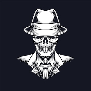 Hand Drawn Mafia Boss Skull SVG Skeleton in Hat Clipart Dead Man in Suit Silhouette Vector Illustration Cut file for Cricut Digital Download