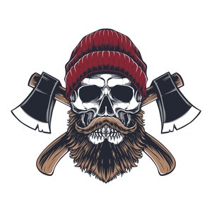 Caveira hipster desenhada à mão com chapéu vermelho e barba marrom com machados ilustração SVG Cabeça de esqueleto Clipart Silhueta Vetor Arquivos de corte para Cricut