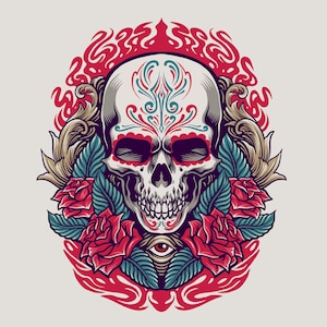Hand Drawn Colorful Skull illustration SVG Skeleton Head Clipart Home Decor Vector Silhouette Cut files for Cricut Digital Download PNG JPG