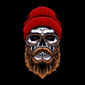 Hand Drawn Hipster Skull in Red Hat and Brown Beard illustration SVG Skeleton Head Clipart Silhouette Vector Cut files for Cricut Commercial