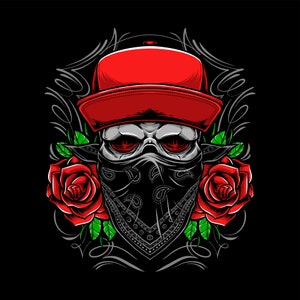 Hand Drawn Skull in Black Bandana Red Hat and Roses illustration SVG Mafia Skeleton Vector Cut files for Cricut Commercial Use Silhouette