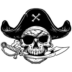 Vintage Piracka Czaszka z Nożem SVG Monochromatyczny Szkielet Clipart Wektor Wytnij pliki dla Cricut Sylwetka Cyfrowe Pobieranie png jpg