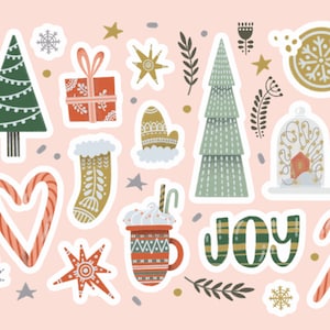 Lot d'autocollants de Noël dessinés à la main, ensemble d'éléments du nouvel an, tasse de cacao, canne en bonbon, cliparts, pack de fichiers coupés pour téléchargement numérique Cricut PNG