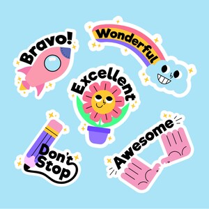 May include: A set of colorful stickers with motivational phrases like "Bravo!" and "Don't Stop". The stickers feature illustrations of a rocket, a flower, a cloud, and hands.