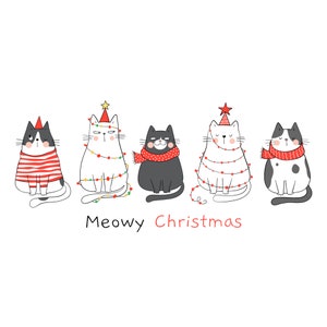 Ensemble de chats de dessin animé Noël dessinés à la main, ensemble de doodles chaton mignon, cliparts pour animaux de compagnie kawaii, silhouette vecteur coupé fichiers pour Cricut PNG JPG