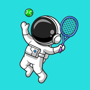 Cartoon Astronaut Playing Tennis SVG Hand Drawn illustration Spaceman in Helmet Clipart Vector Cut files for Cricut Digital Download PNG JPG