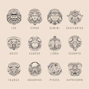 Incisione a mano Segno zodiacale SVG Bundle Collezione di elementi dell'oroscopo Set di segni astrologici File di taglio vettoriali per Cricut Silhouette PNG JPG