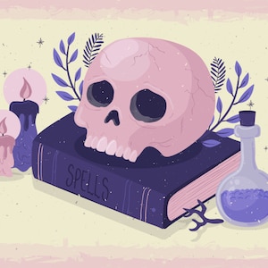 Hand Drawn Halloween Skull and Poison Background Illustration SVG Spooky Pastel Colors Clipart Vector Cut file for Cricut Silhouette PNG JPG