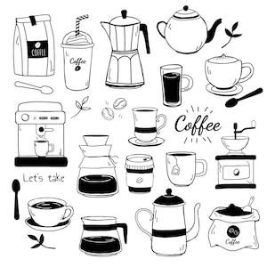 Ręcznie rysowane elementy kawy Mega SVG Bundle Clipart Illustration Cafe Pattern Background Set Pack Vector Cut file for Cricut Digital Download