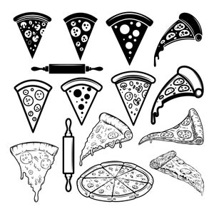 Hand Drawn Pizza SVG Bundle Cartoon Design Elements Set Digital illustration Yammy Poster Vector Silhouette Cut files for Cricut PNG JPG eps