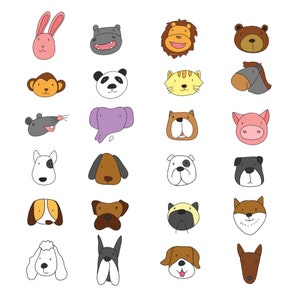 Hand Drawn Cartoon Animal Stickers SVG Bundle Kawaii Creature Doodles Set Bear Lion Pig Dog Cat Doodles PNG Pack Vector Cut files for Cricut