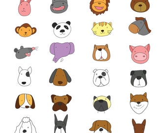 Hand Drawn Cartoon Animal Stickers SVG Bundle Kawaii Creature Doodles Set Bear Lion Pig Dog Cat Doodles PNG Pack Vector Cut files for Cricut