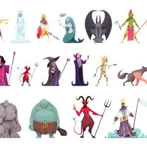 Ensemble de méchants personnages dessinés à la main SVG ensemble d'illustrations de méchants sorcière belle-mère reine vampire homme de pierre dragon Clipart vectoriel coupe fichiers PNG