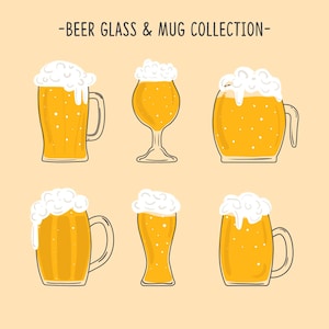 May include: A set of six beer glasses and mugs with a variety of shapes and sizes. The glasses are filled with a light yellow beer and have a white foam head. The text "BEER GLASS & MUG COLLECTION" is at the top of the image.